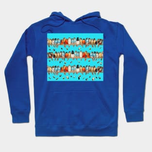 A PERCH OF COLORFUL BIRDS AND FLYING FEATHERS IN BLUE SKY Hoodie